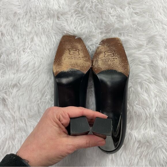 Stuart Weitzman Metallic Block Heel Square Toe Leather Shoes - Picture 7 of 8